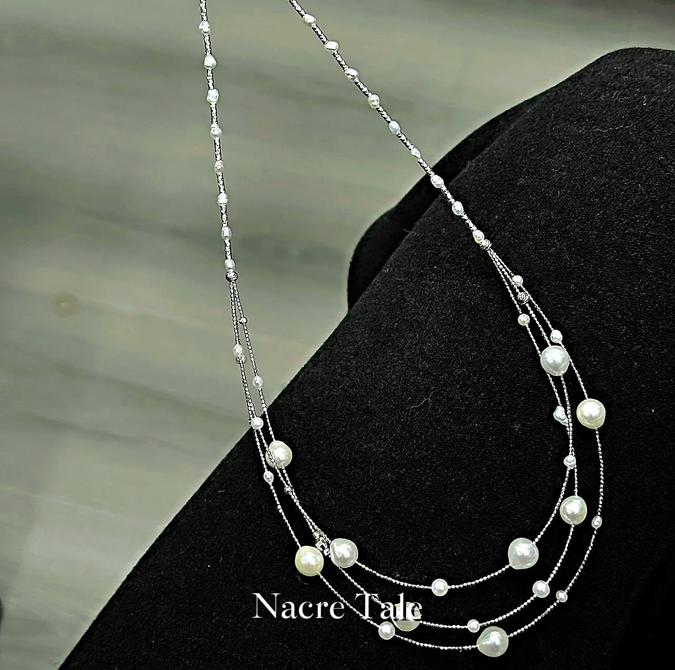 Nacre Tale Multi-Strand Pearl Choker - Layered Freshwater Pearls with Silver Chain