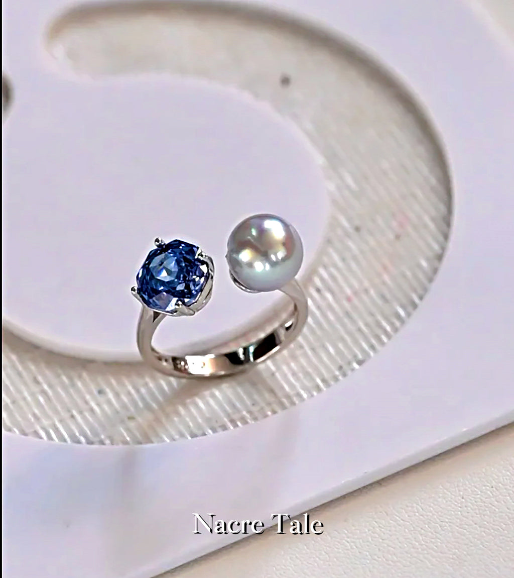 Nacre Tale Asymmetric Pearl & Sapphire Ring - Sterling Silver with Cultured Pearl