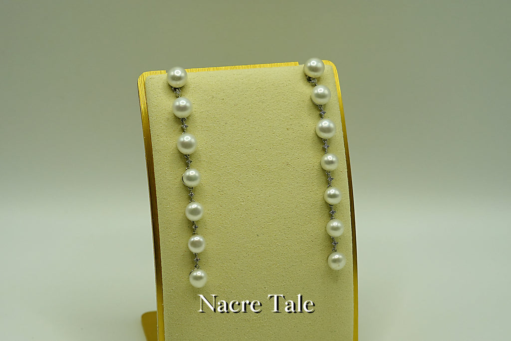 Nacre Tale Graduated Pearl Drop Earrings with Diamond Accents - Sterling Silver Elegance