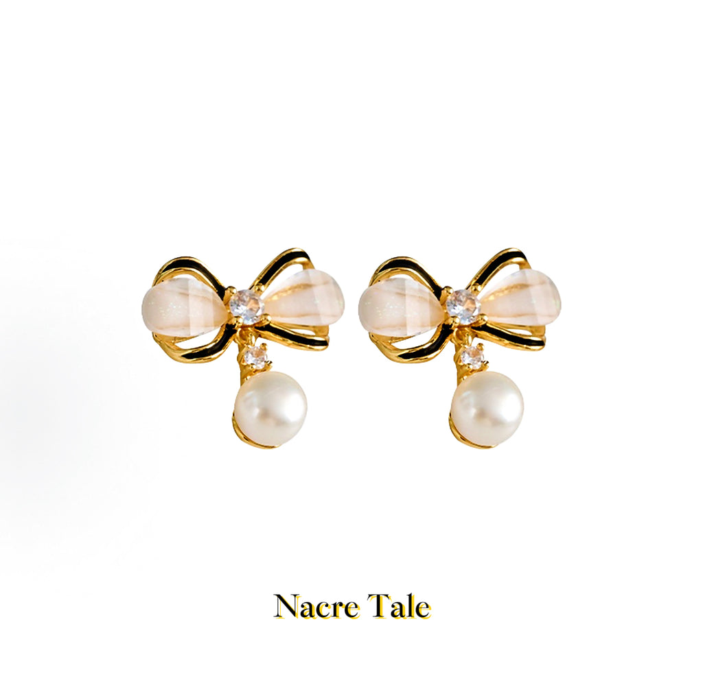Nacre Tale Golden Bow Pearl Earrings - Crystal Accented Drop Earrings with Natural Pearls