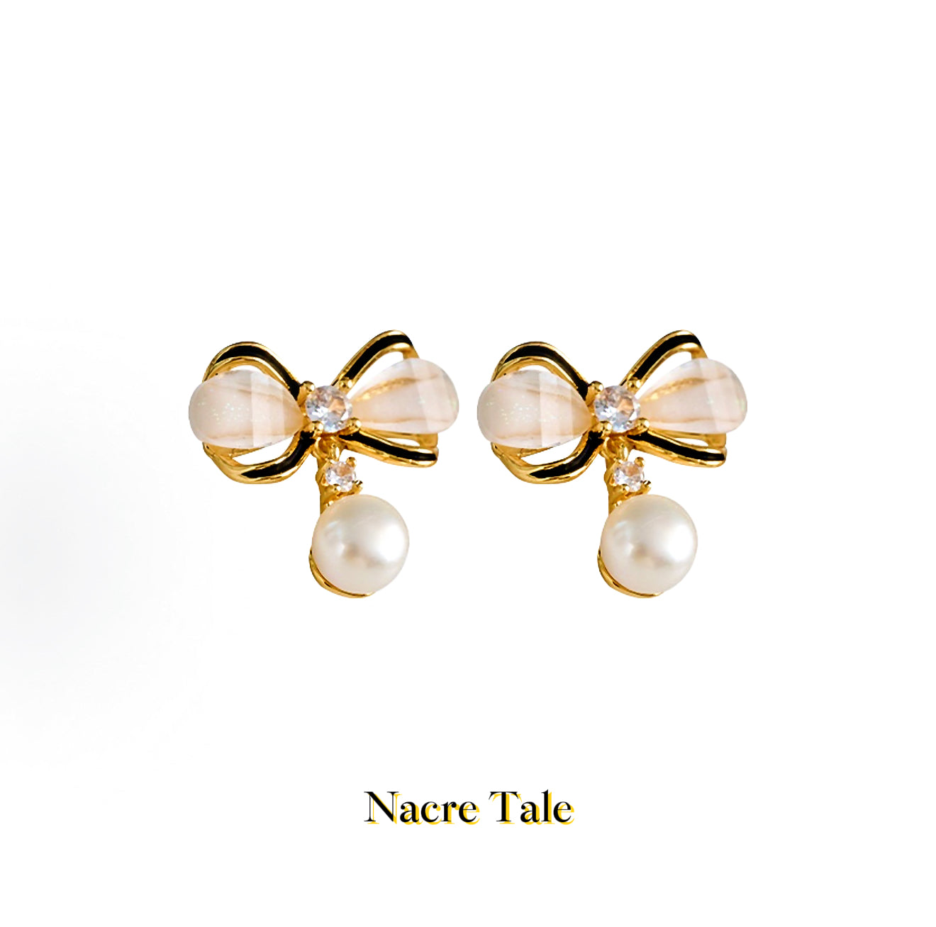 Nacre Tale Golden Bow Pearl Earrings - Crystal Accented Drop Earrings with Natural Pearls
