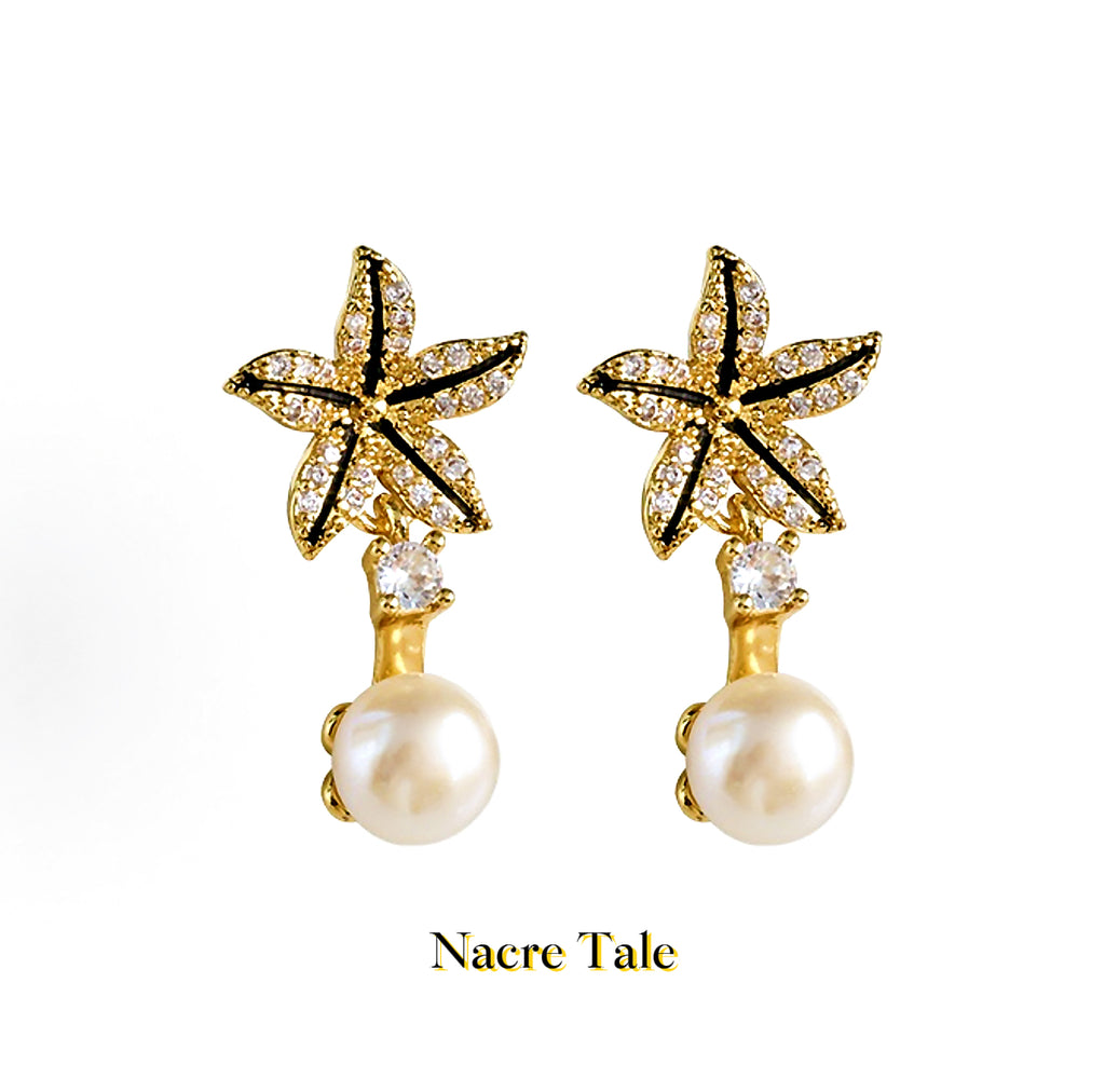 Nacre Tale Golden Starfish Pearl Earrings - Crystal Accented Coastal Elegance