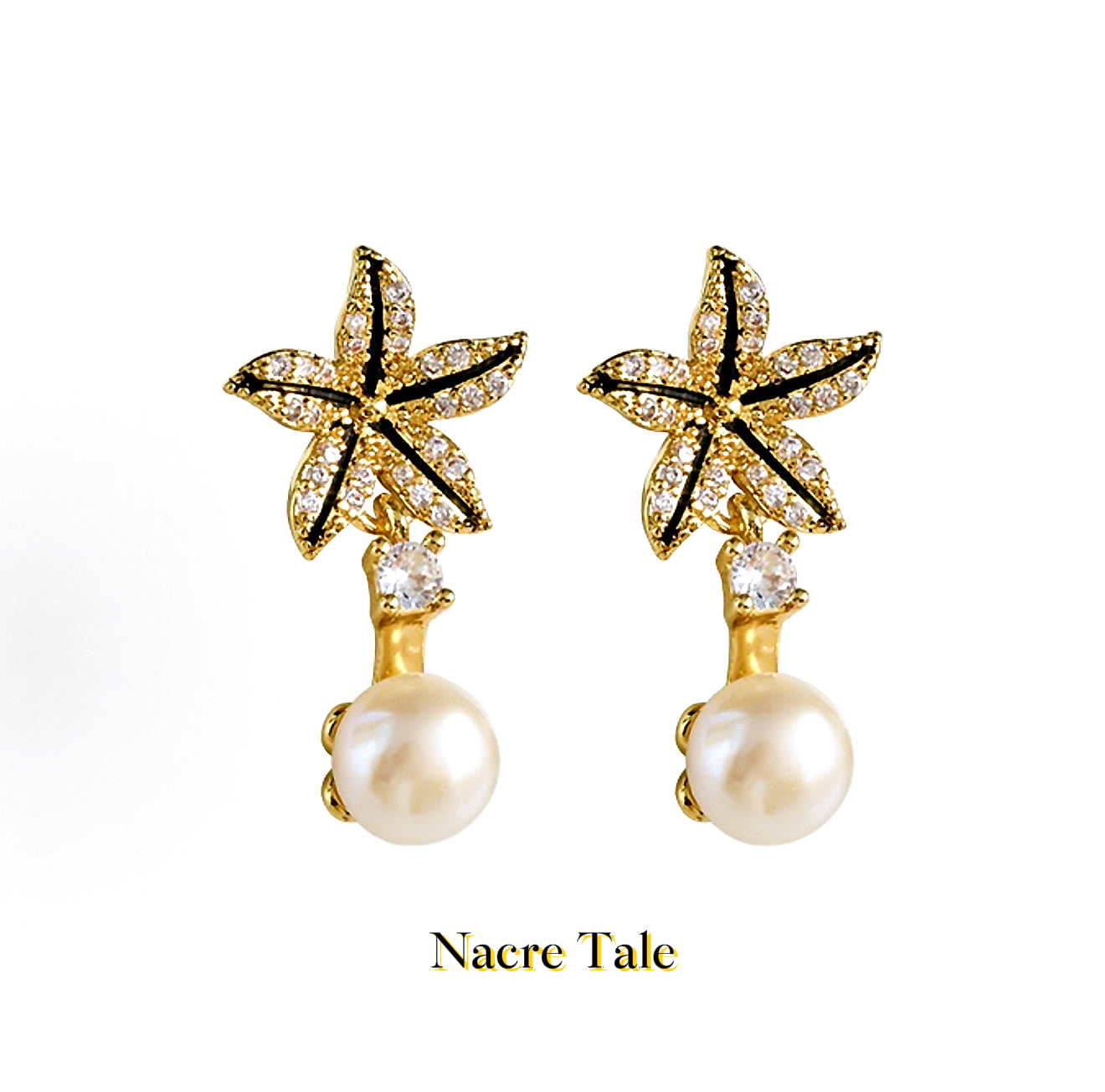 Nacre Tale Golden Starfish Pearl Earrings - Crystal Accented Coastal Elegance