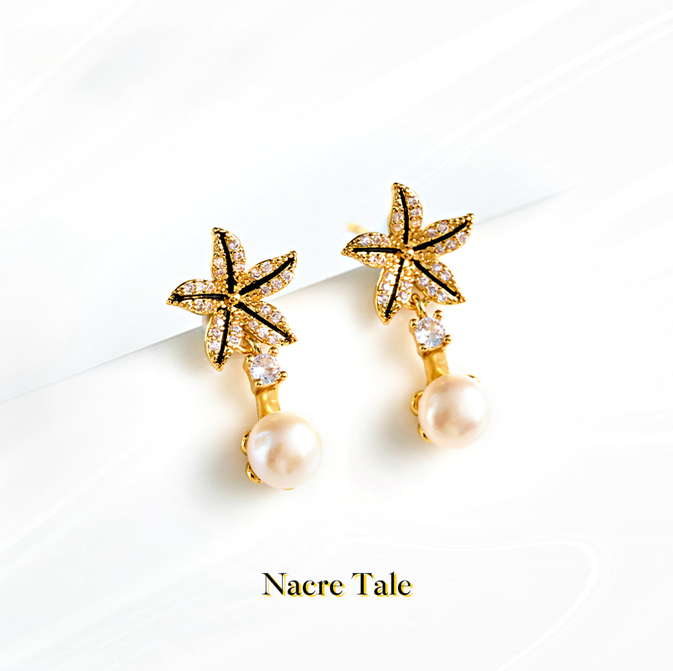 Nacre Tale Golden Starfish Pearl Earrings - Crystal Accented Coastal Elegance