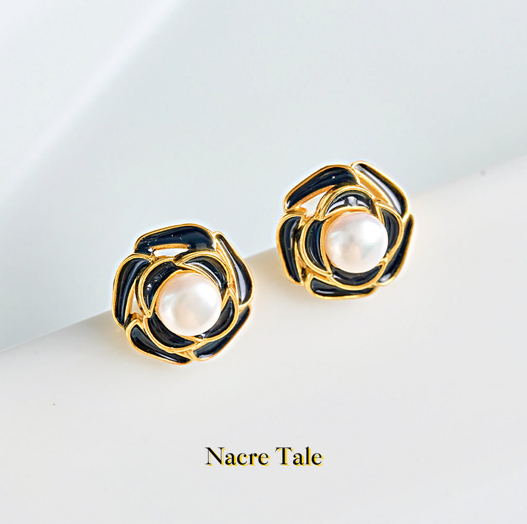 Enchanted Black Petal Pearl Earrings - Gold Plated with 5mm Genuine Pearls