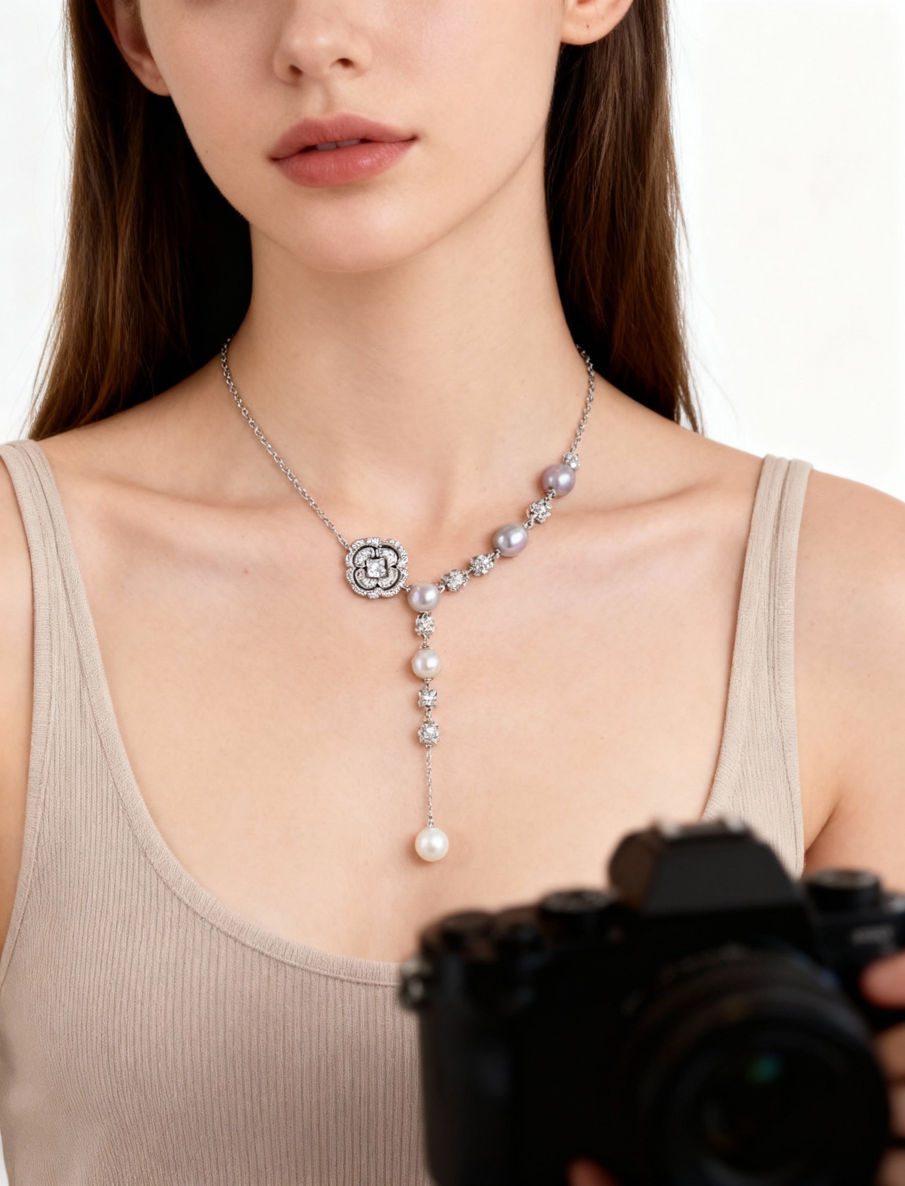 Nacre Tale Elegant Pearl Y-Necklace - Sterling Silver with Akoya Pearls & Cubic Zirconia