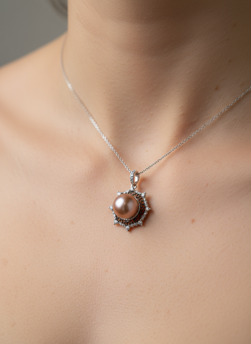Nacre Tale Pink Pearl Pendant - Silver with Cubic Zirconia Accents