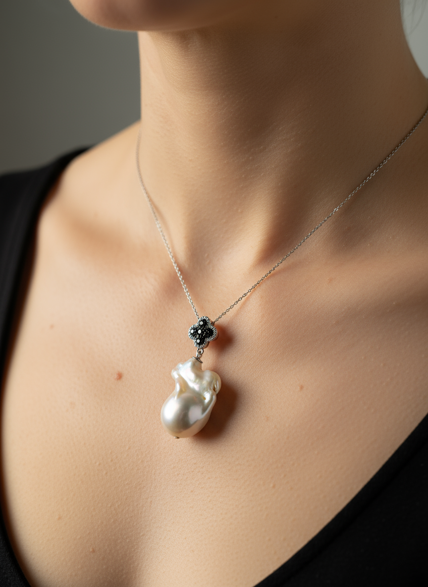 Nacre Tale Baroque Pearl & Black Diamond Pendant - Sterling Silver with Four-Leaf Clover Motif