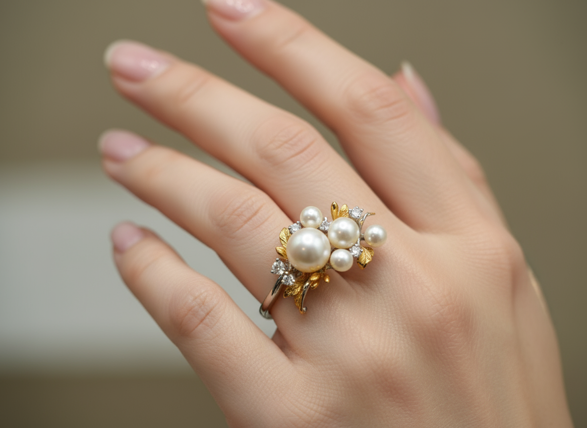 Nacre Tale Pearl Cluster Ring - Sterling Silver with Leaf Motif and Cubic Zirconia