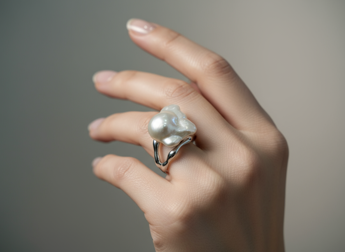 Nacre Tale Baroque Pearl Statement Ring - Sterling Silver with 12mm Unique Pearl