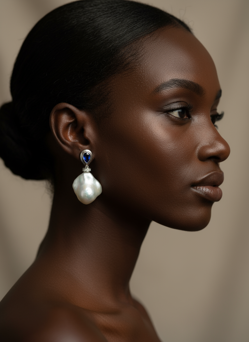 Nacre Tale Baroque Pearl & Sapphire Drop Earrings - Sterling Silver with Genuine Gems