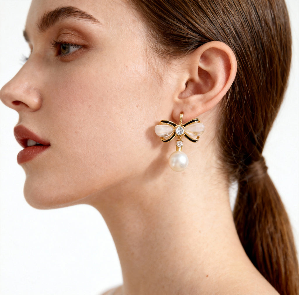 Nacre Tale Golden Bow Pearl Earrings - Crystal Accented Drop Earrings with Natural Pearls