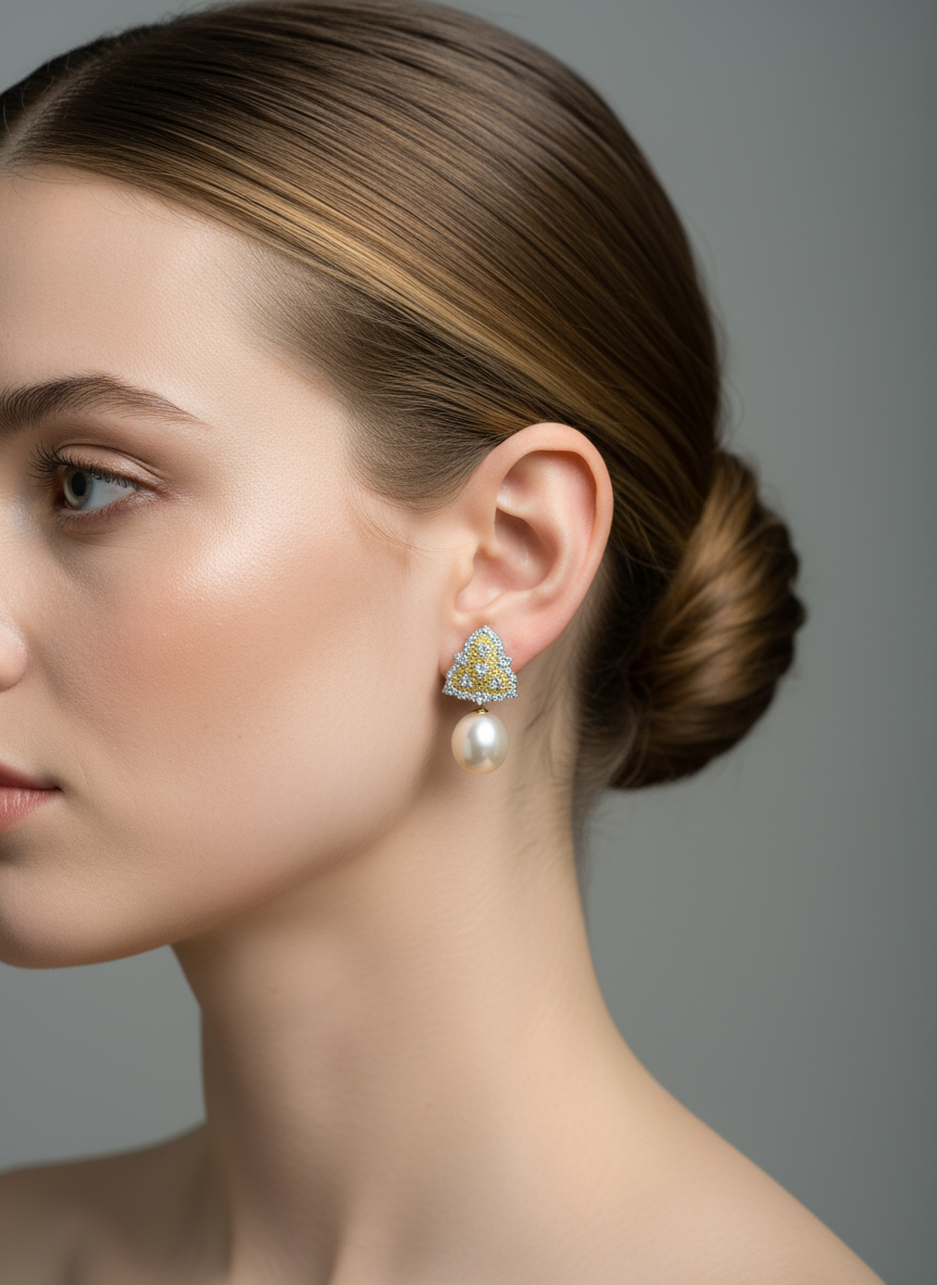 Nacre Tale Geometric Pearl Drop Earrings - Sterling Silver with Cubic Zirconia & Natural Pearls