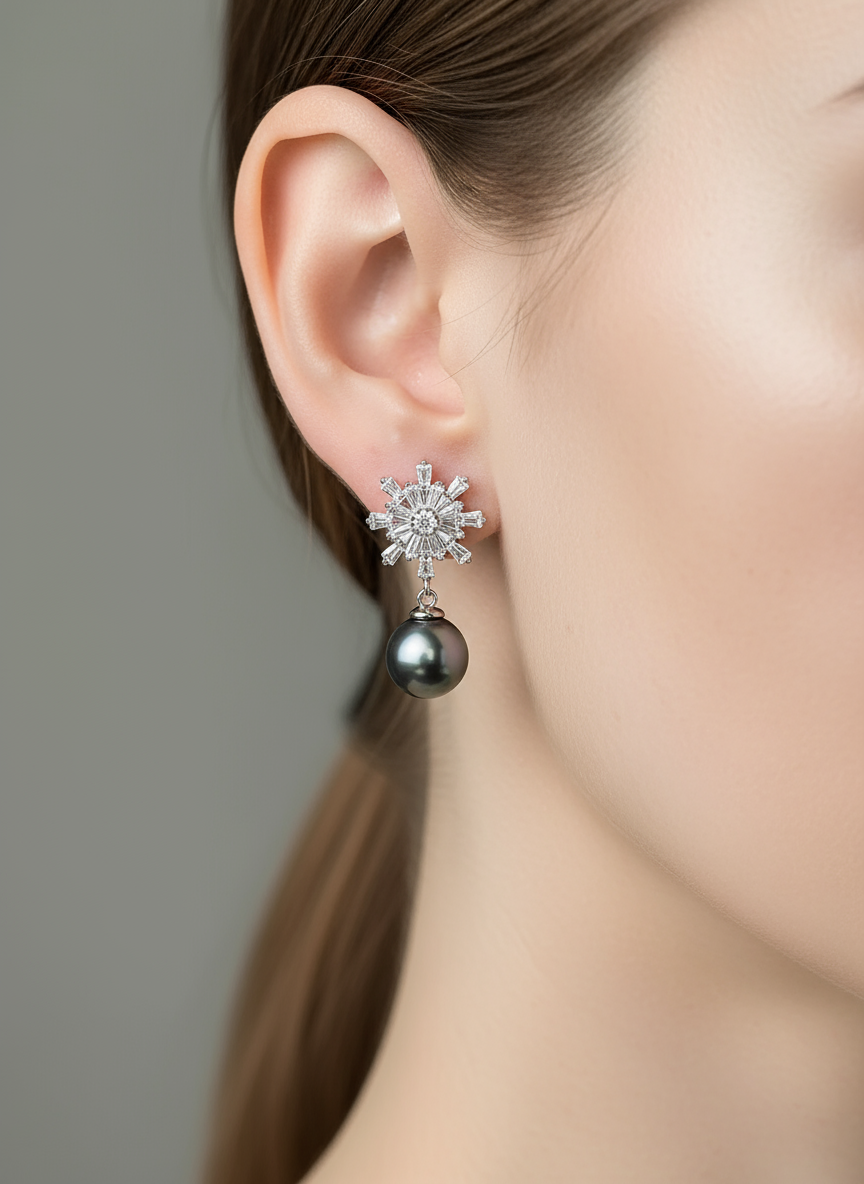 Nacre Tale Snowflake Pearl Drop Earrings - Sterling Silver with Akoya Pearls