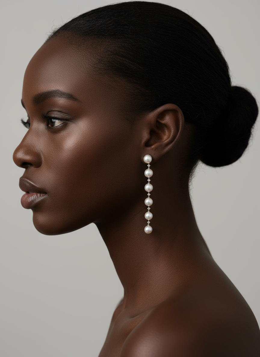 Nacre Tale Graduated Pearl Drop Earrings with Diamond Accents - Sterling Silver Elegance