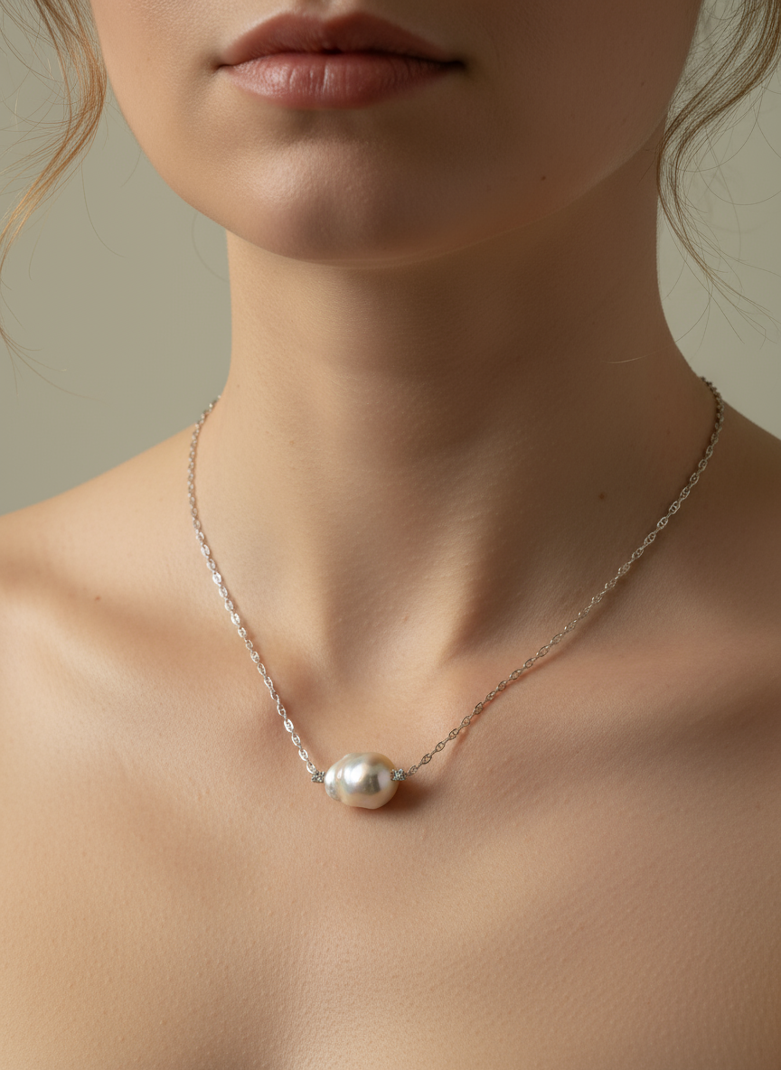 Nacre Tale Baroque Pearl Pendant Necklace - Sterling Silver with Cubic Zirconia Accents
