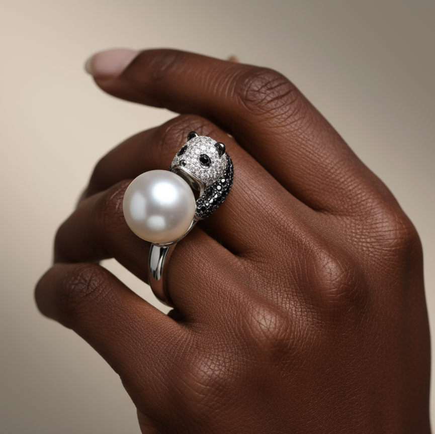 Panda Embrace Pearl Ring – Sterling Silver & Natural Lustrous Pearl