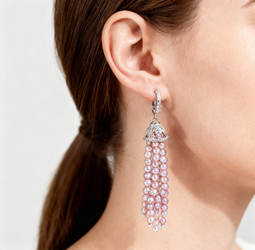 Nacre Tale Lavender Pearl Tassel Drop Earrings - Sterling Silver with Cubic Zirconia Accents