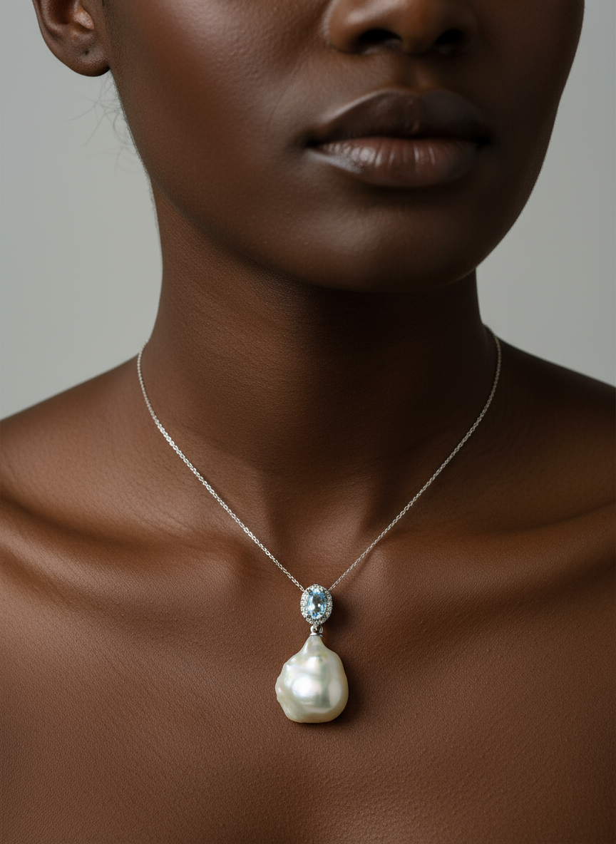 Nacre Tale Baroque Pearl & Aquamarine Drop Pendant - Sterling Silver with Genuine Gemstone