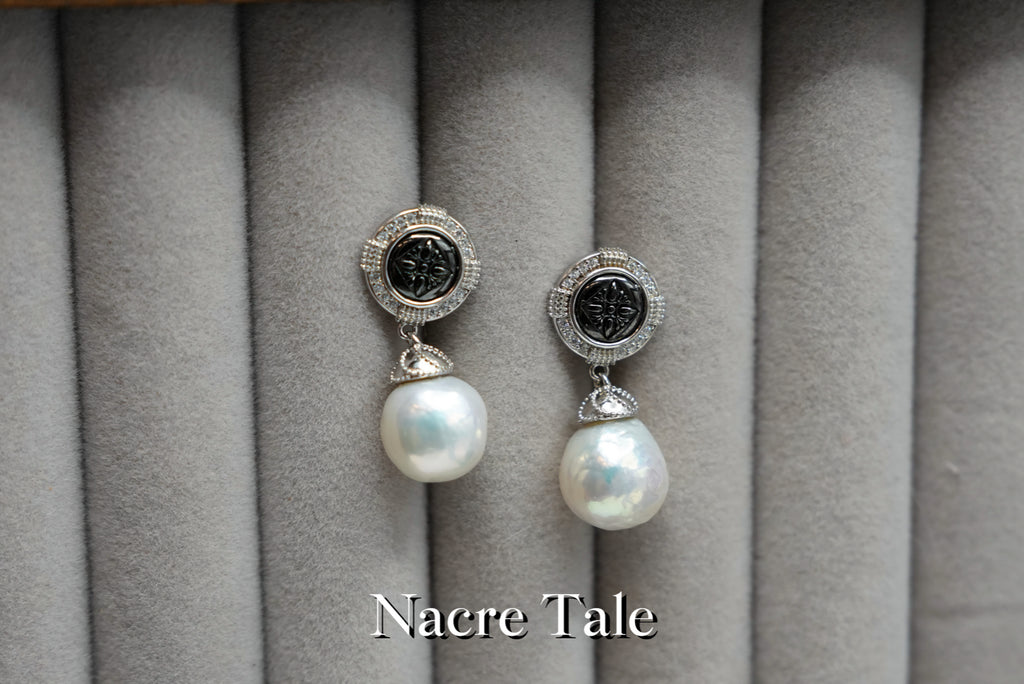 Nacre Tale Baroque Pearl Drop Earrings - Silver with Diamond Accents