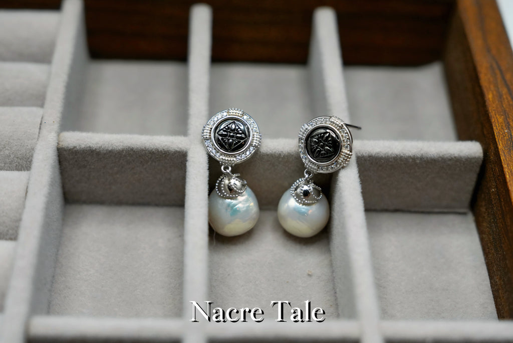 Nacre Tale Baroque Pearl Drop Earrings - Silver with Diamond Accents