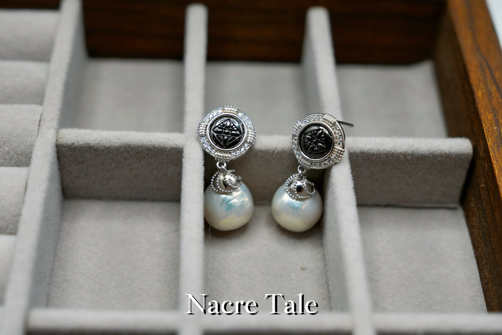 Nacre Tale Baroque Pearl Drop Earrings - Silver with Diamond Accents