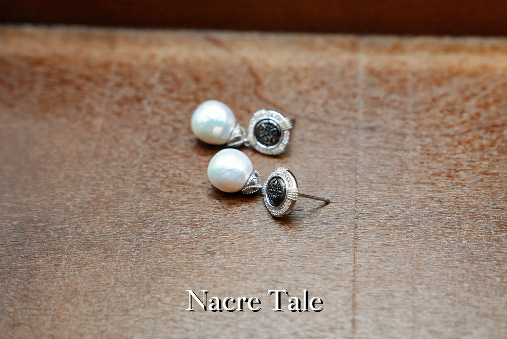 Nacre Tale Baroque Pearl Drop Earrings - Silver with Diamond Accents