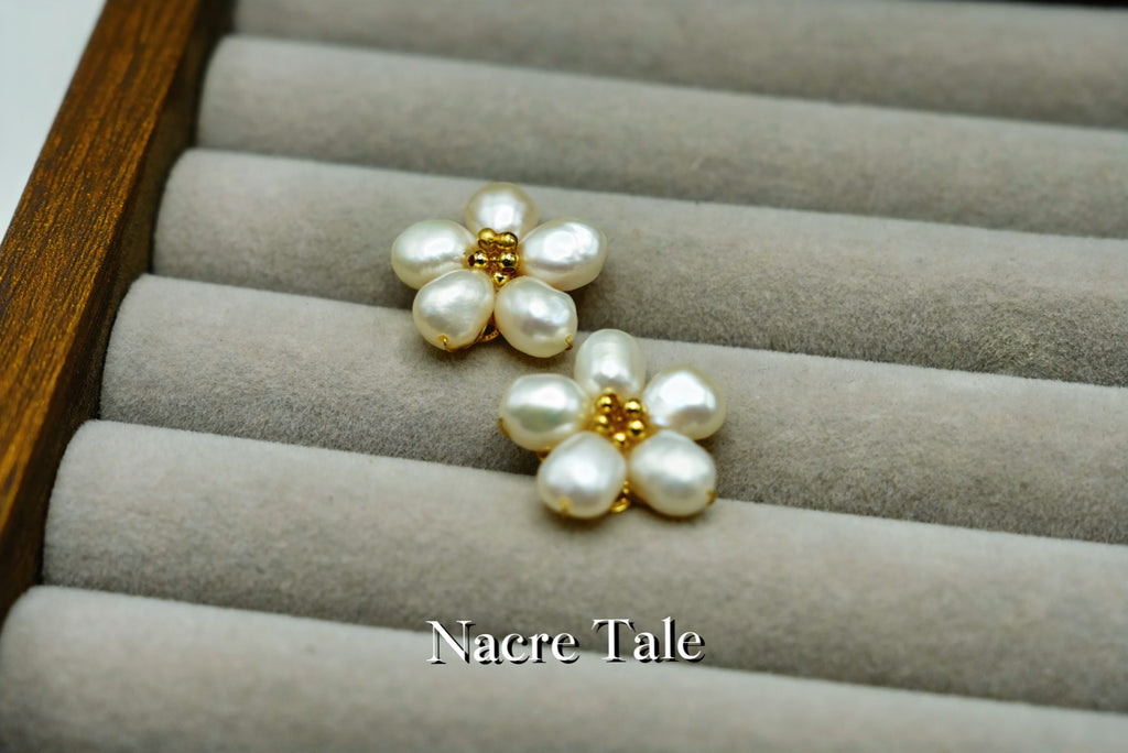Nacre Tale Floral Pearl Stud Earrings - Genuine Pearls with Gold-Tone Floral Design