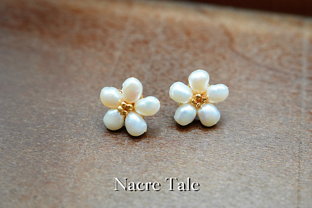 Nacre Tale Floral Pearl Stud Earrings - Genuine Pearls with Gold-Tone Floral Design