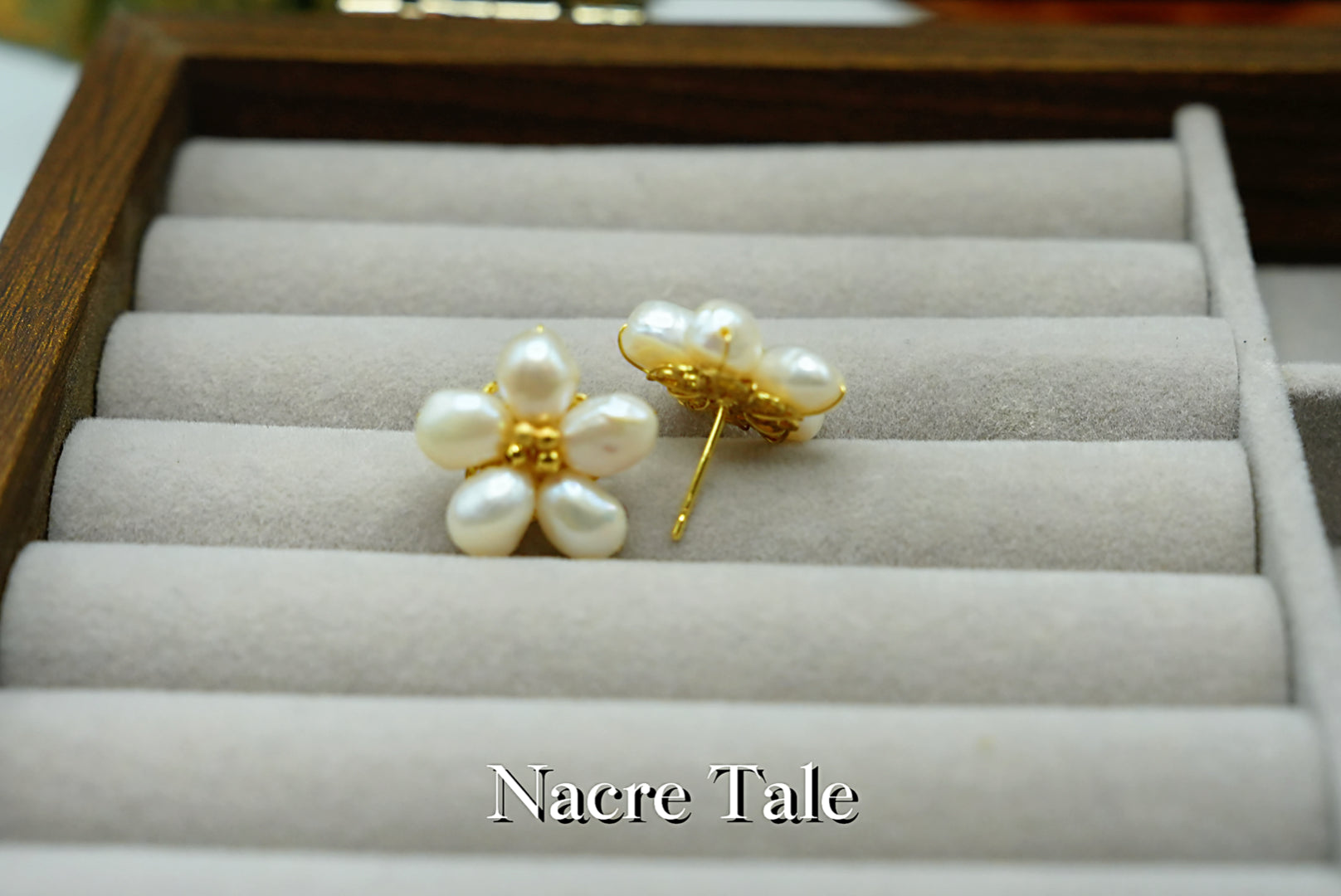 Nacre Tale Floral Pearl Stud Earrings - Genuine Pearls with Gold-Tone Floral Design