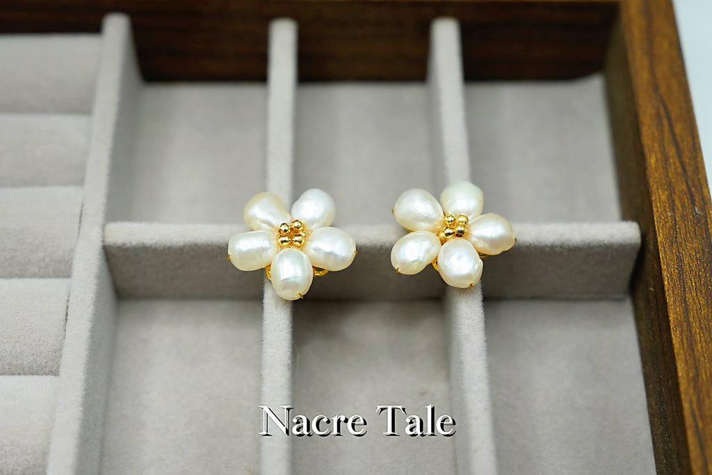 Nacre Tale Floral Pearl Stud Earrings - Genuine Pearls with Gold-Tone Floral Design