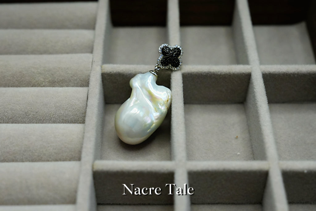 Nacre Tale Baroque Pearl & Black Diamond Pendant - Sterling Silver with Four-Leaf Clover Motif