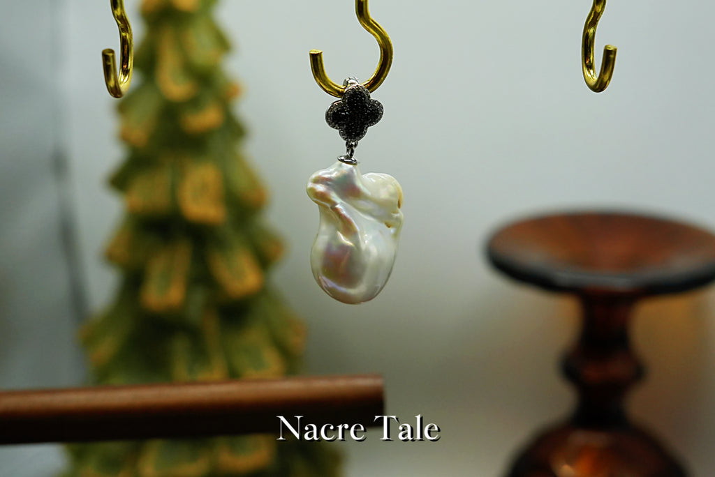 Nacre Tale Baroque Pearl & Black Diamond Pendant - Sterling Silver with Four-Leaf Clover Motif
