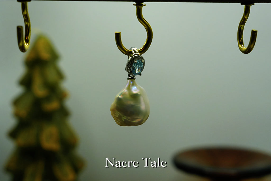 Nacre Tale Baroque Pearl & Aquamarine Drop Pendant - Sterling Silver with Genuine Gemstone