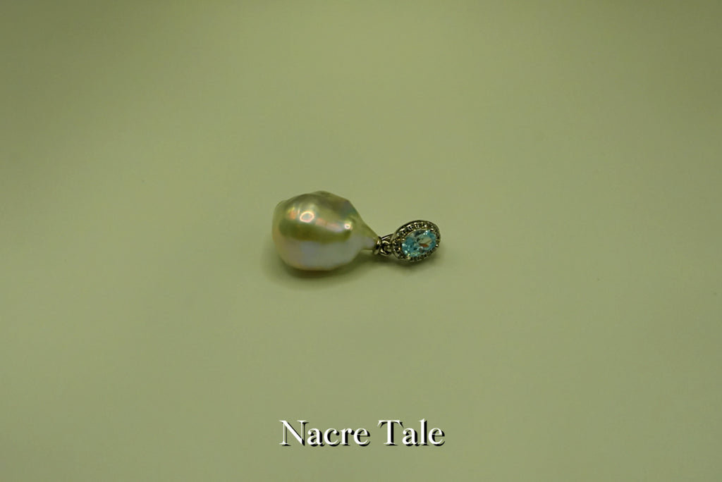 Nacre Tale Baroque Pearl & Aquamarine Drop Pendant - Sterling Silver with Genuine Gemstone