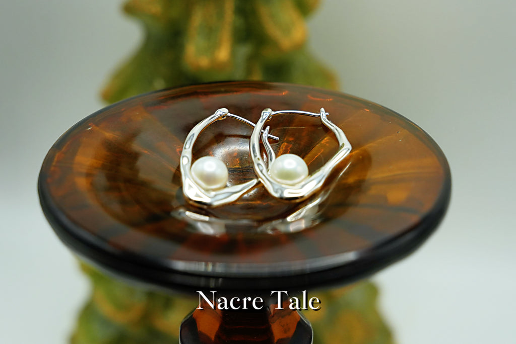 Nacre Tale Silver Pearl Hoop Earrings - Medium Cultured Pearls with Sterling Silver Hoops