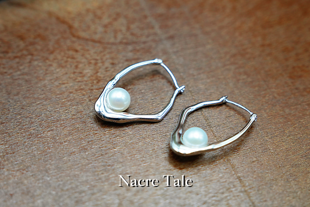 Nacre Tale Silver Pearl Hoop Earrings - Medium Cultured Pearls with Sterling Silver Hoops