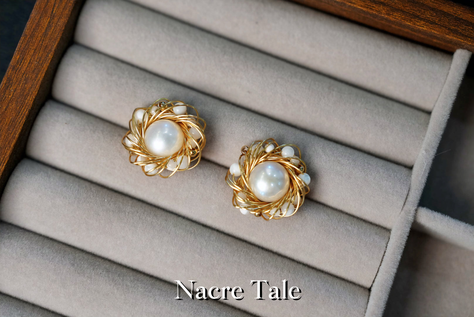 Nacre Tale Pearl Wrapped Stud Earrings - Delicate Gold-Tone Wire with White Bead Accents