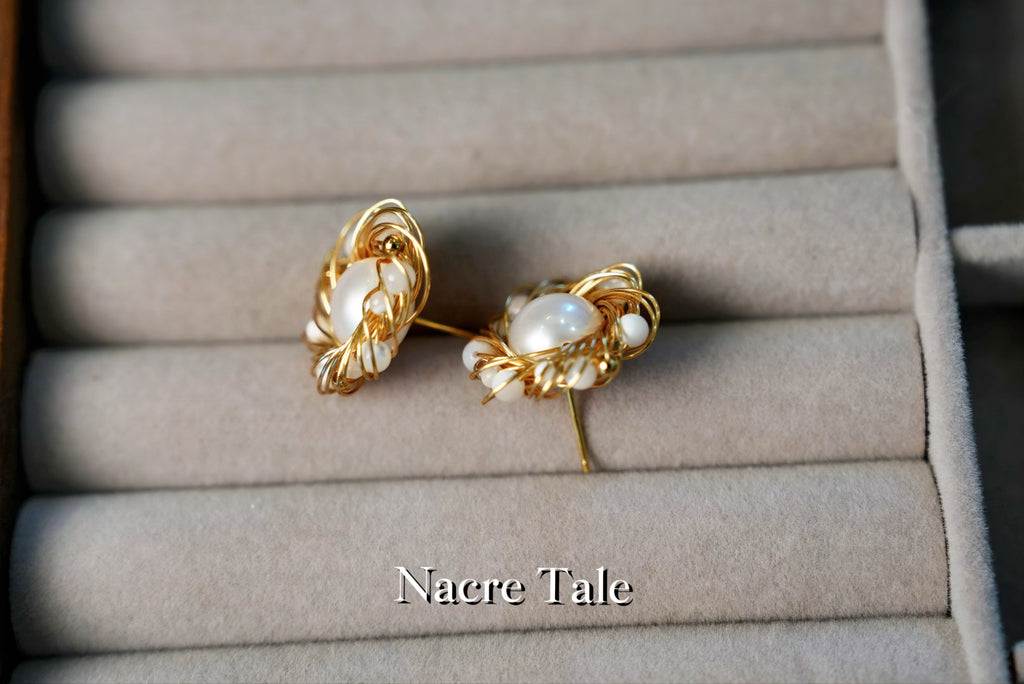 Nacre Tale Pearl Wrapped Stud Earrings - Delicate Gold-Tone Wire with White Bead Accents