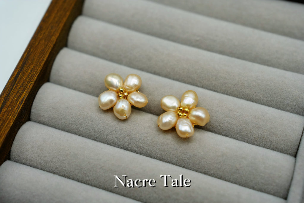 Nacre Tale Pearl Flower Stud Earrings - 8-10mm Cultured Pearls with Gold-Tone Floral Setting