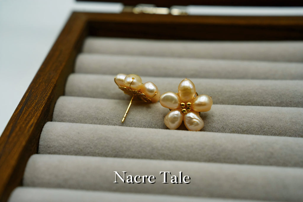 Nacre Tale Pearl Flower Stud Earrings - 8-10mm Cultured Pearls with Gold-Tone Floral Setting