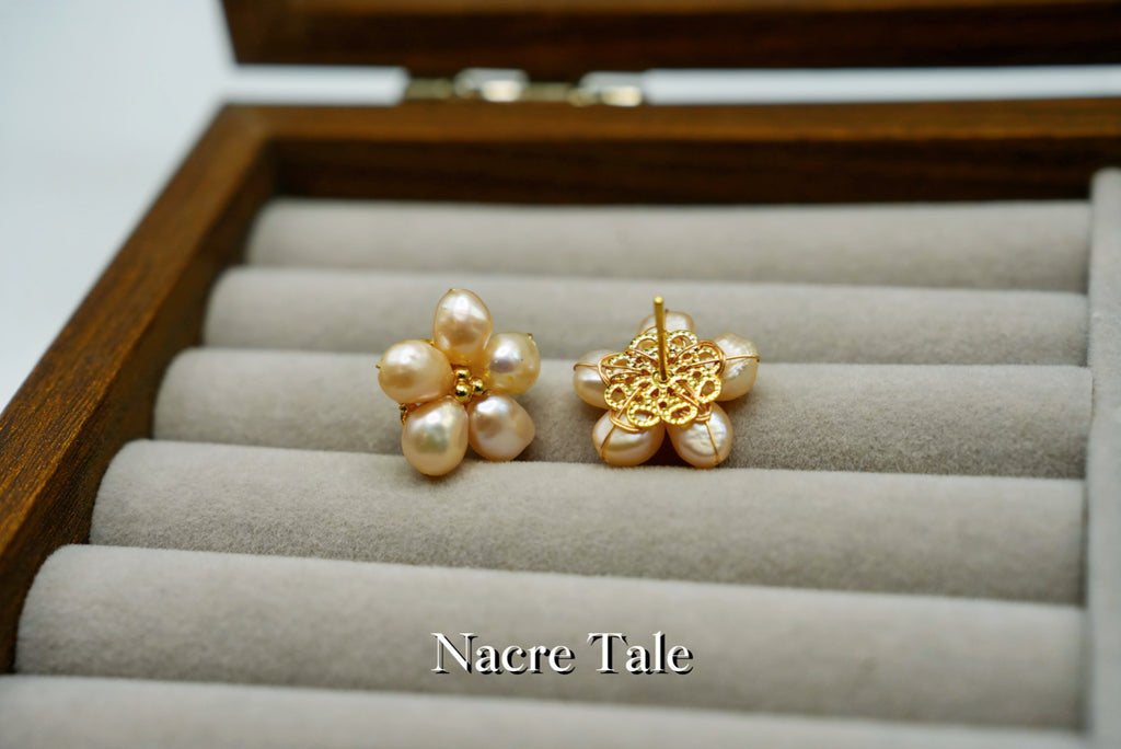 Nacre Tale Pearl Flower Stud Earrings - 8-10mm Cultured Pearls with Gold-Tone Floral Setting