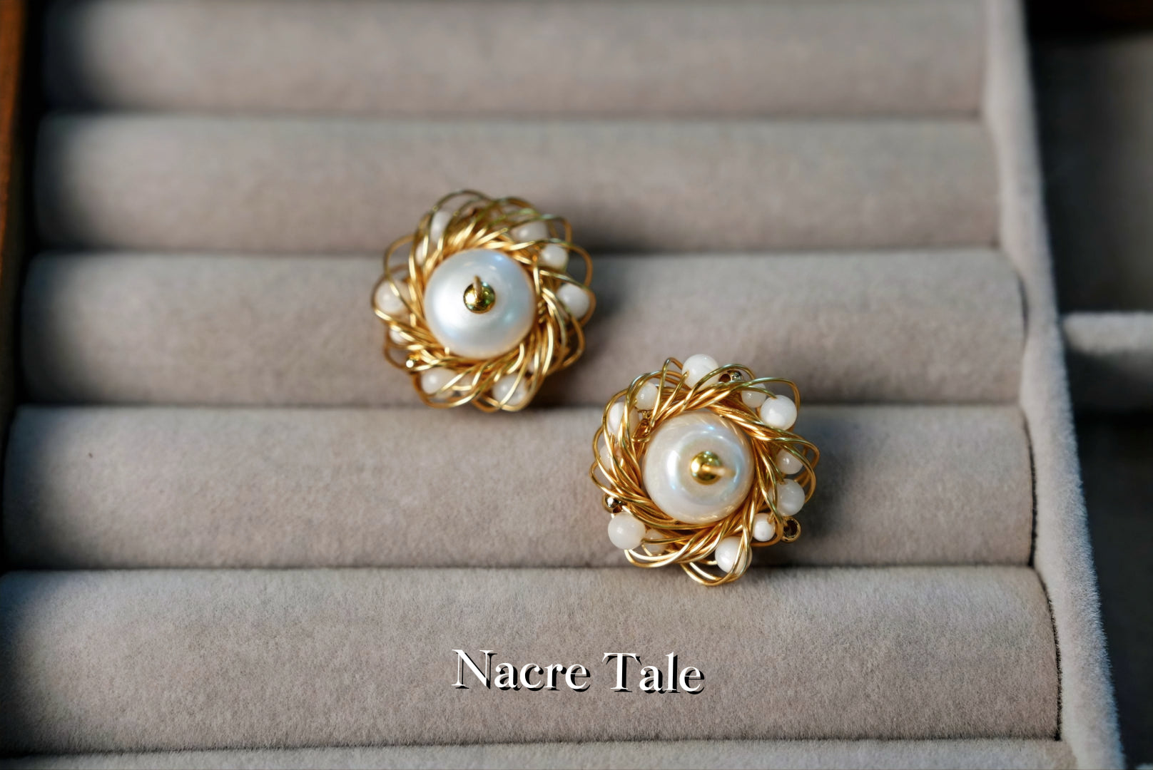 Nacre Tale Pearl Wrapped Stud Earrings - Delicate Gold-Tone Wire with White Bead Accents