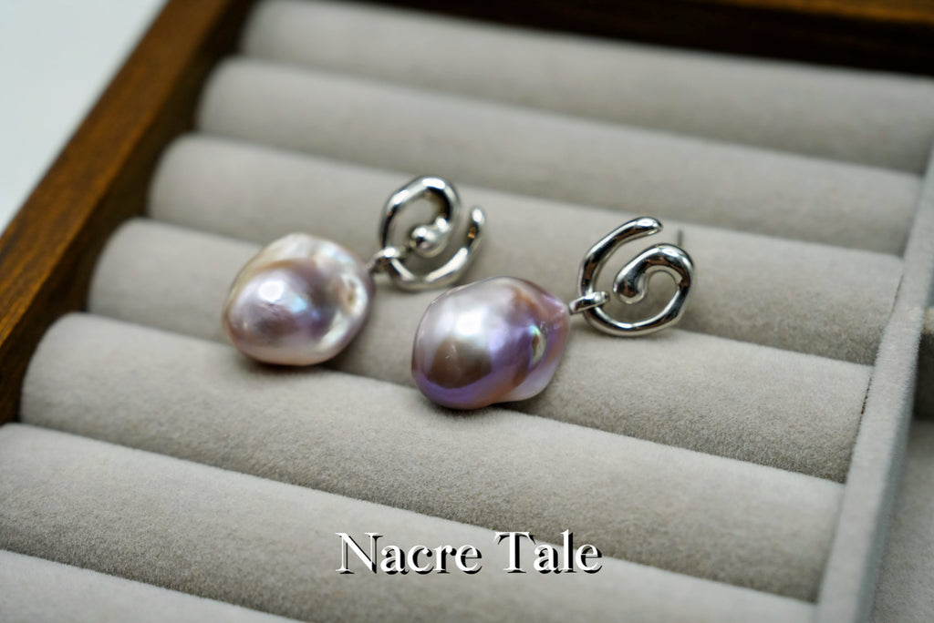Nacre Tale Violet Baroque Pearl Earrings - Sterling Silver with Natural Purple Pearls