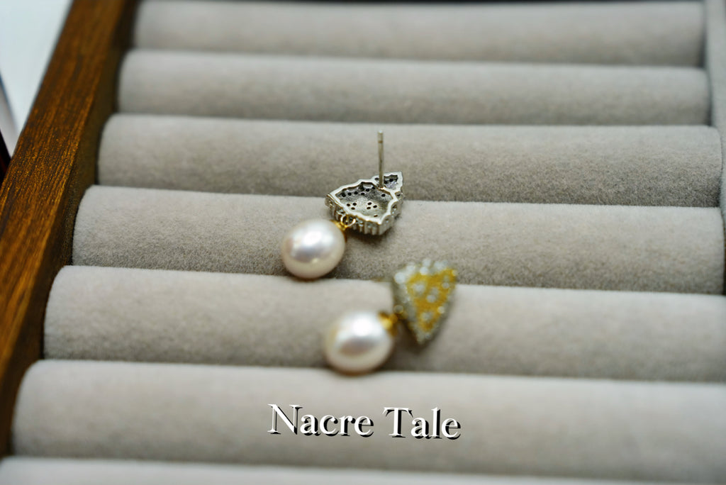 Nacre Tale Geometric Pearl Drop Earrings - Sterling Silver with Cubic Zirconia & Natural Pearls