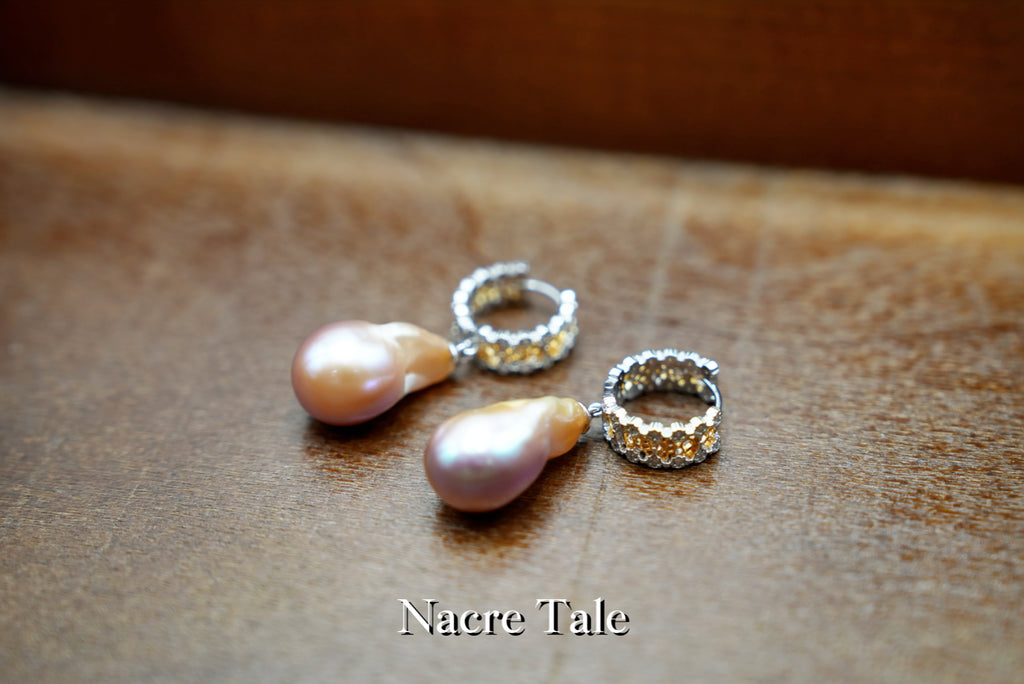 Nacre Tale Baroque Pearl & Crystal Hoop Earrings - Sterling Silver with Pink Baroque Pearls