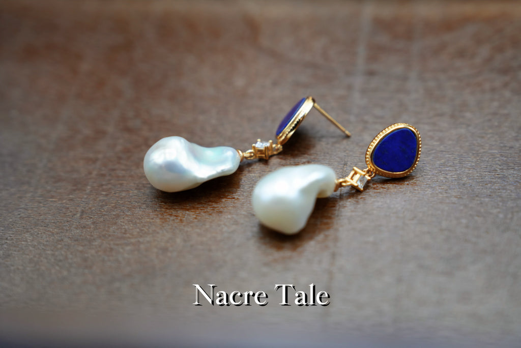 Nacre Tale Asymmetric Pearl & Lapis Lazuli Drop Earrings – Baroque Pearl with Bohemian Elegance