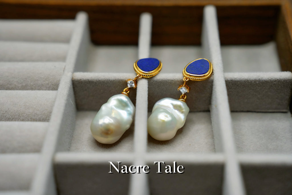 Nacre Tale Asymmetric Pearl & Lapis Lazuli Drop Earrings – Baroque Pearl with Bohemian Elegance