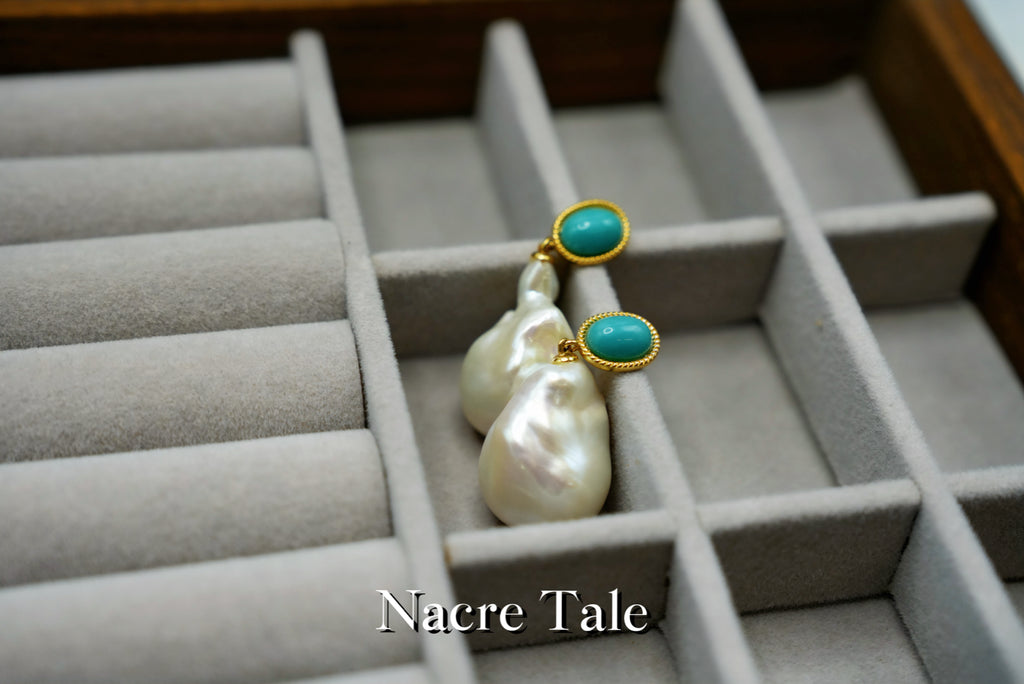 Nacre Tale Baroque Pearl & Turquoise Drop Earrings - Gold-tone Bohemian Elegance
