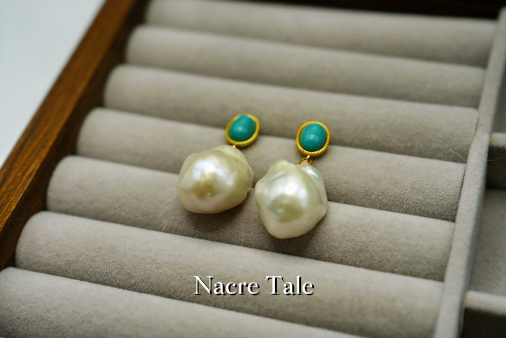 Nacre Tale Baroque Pearl & Turquoise Drop Earrings - Gold-tone Bohemian Elegance